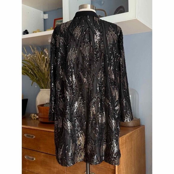 Misook Sequin Mesh Duster Jacket Black Gold Size PXL - Picture 4 of 12